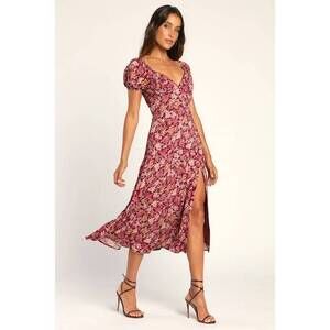 Lulus Meadow Muse Burgundy Floral Tie-back Puff Sleeve Midi Dress Red - Size M